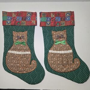 2 Vintage Quilted Christmas Stocking Cat Applique Green Dotted Lace Cottage Core